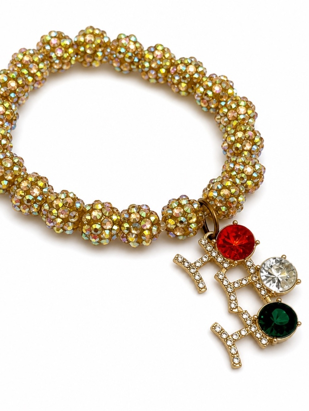 Ladies Chunky gold stretch bracelet with crystal Ho Ho Ho charm in goldtone